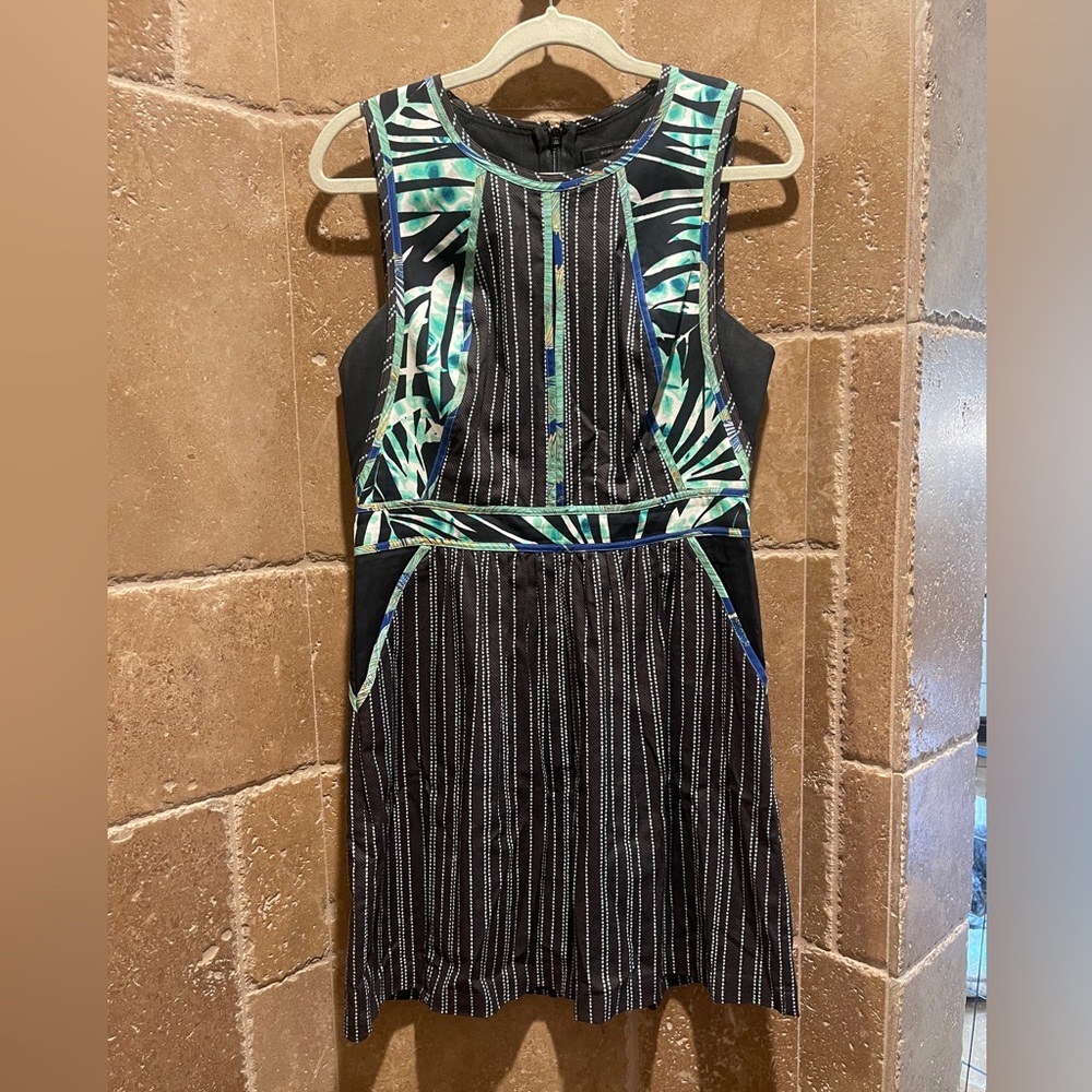 BCBGMaxAzria Black Dress with Green and Blue Palm Print Trim